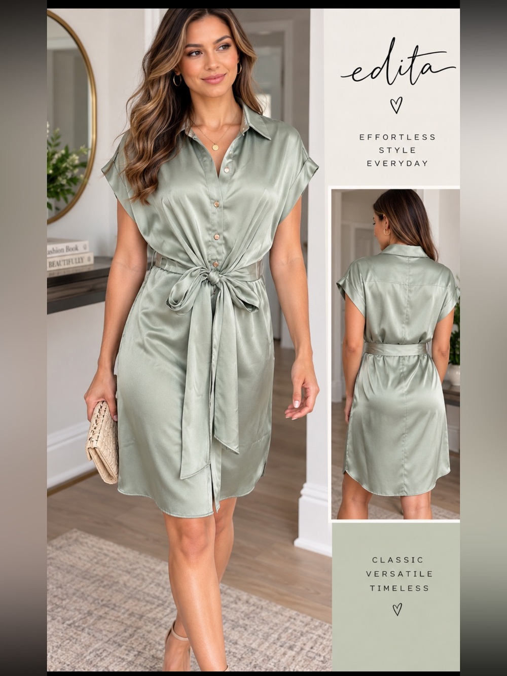 entro Satin Faux-Wrap Mini Dress in Sage
